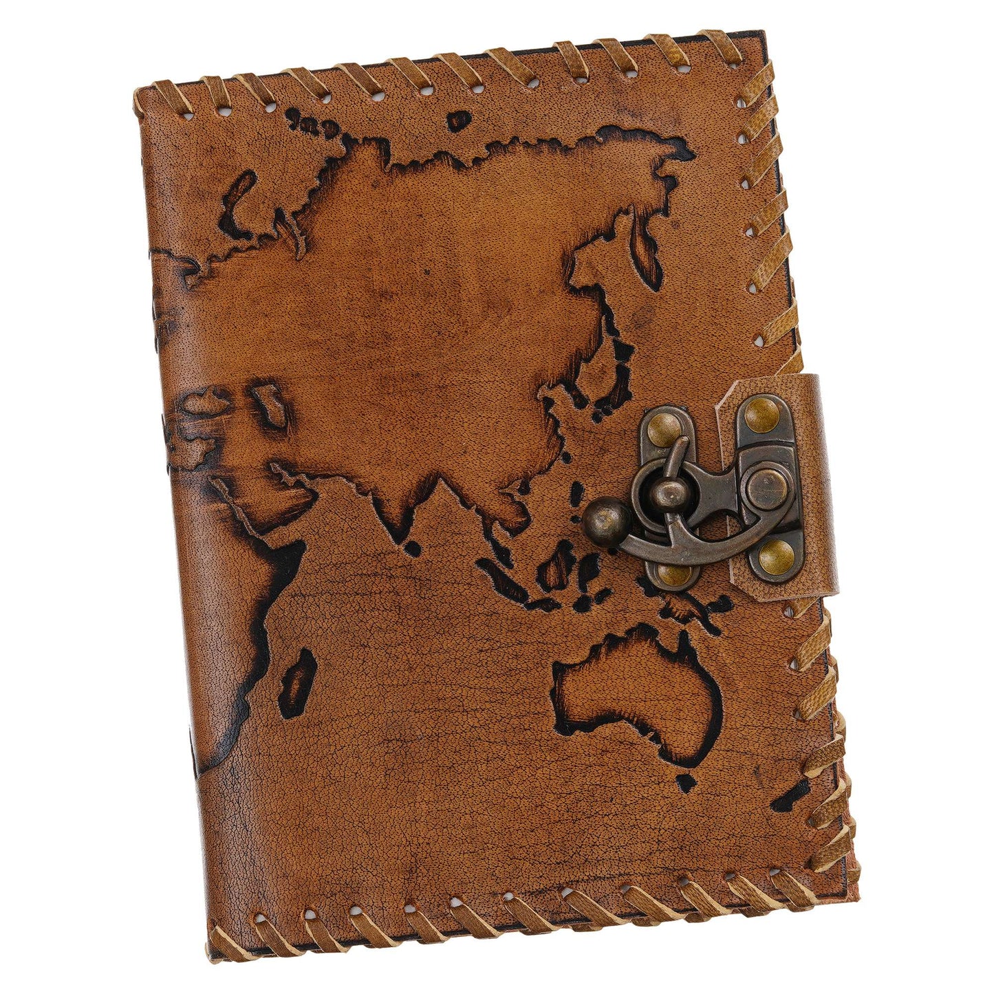 Handcrafted Leather World Map Journal with Antique Lock
