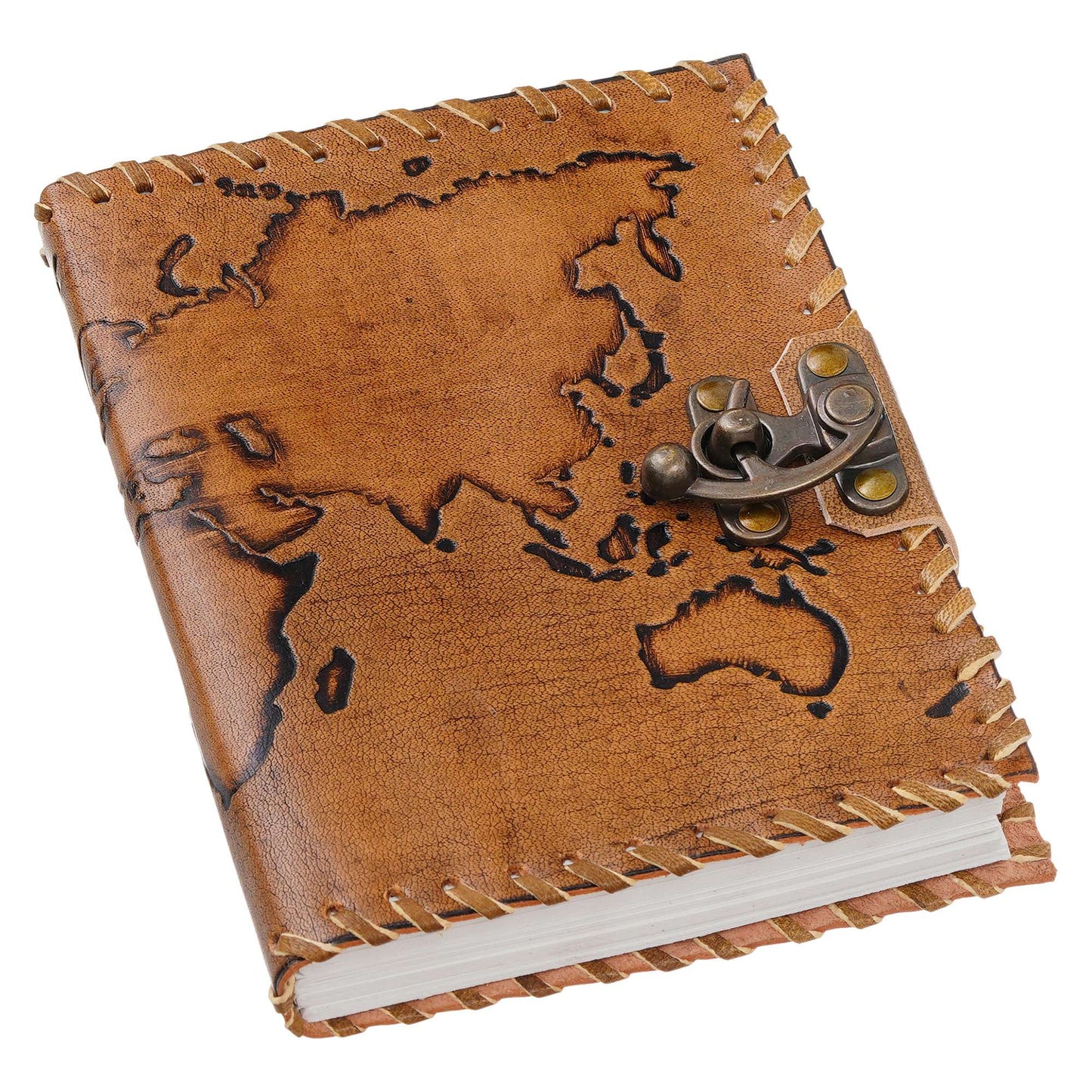 Handcrafted Leather World Map Journal with Antique Lock
