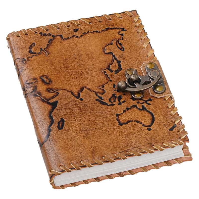 Handcrafted Leather World Map Journal with Antique Lock